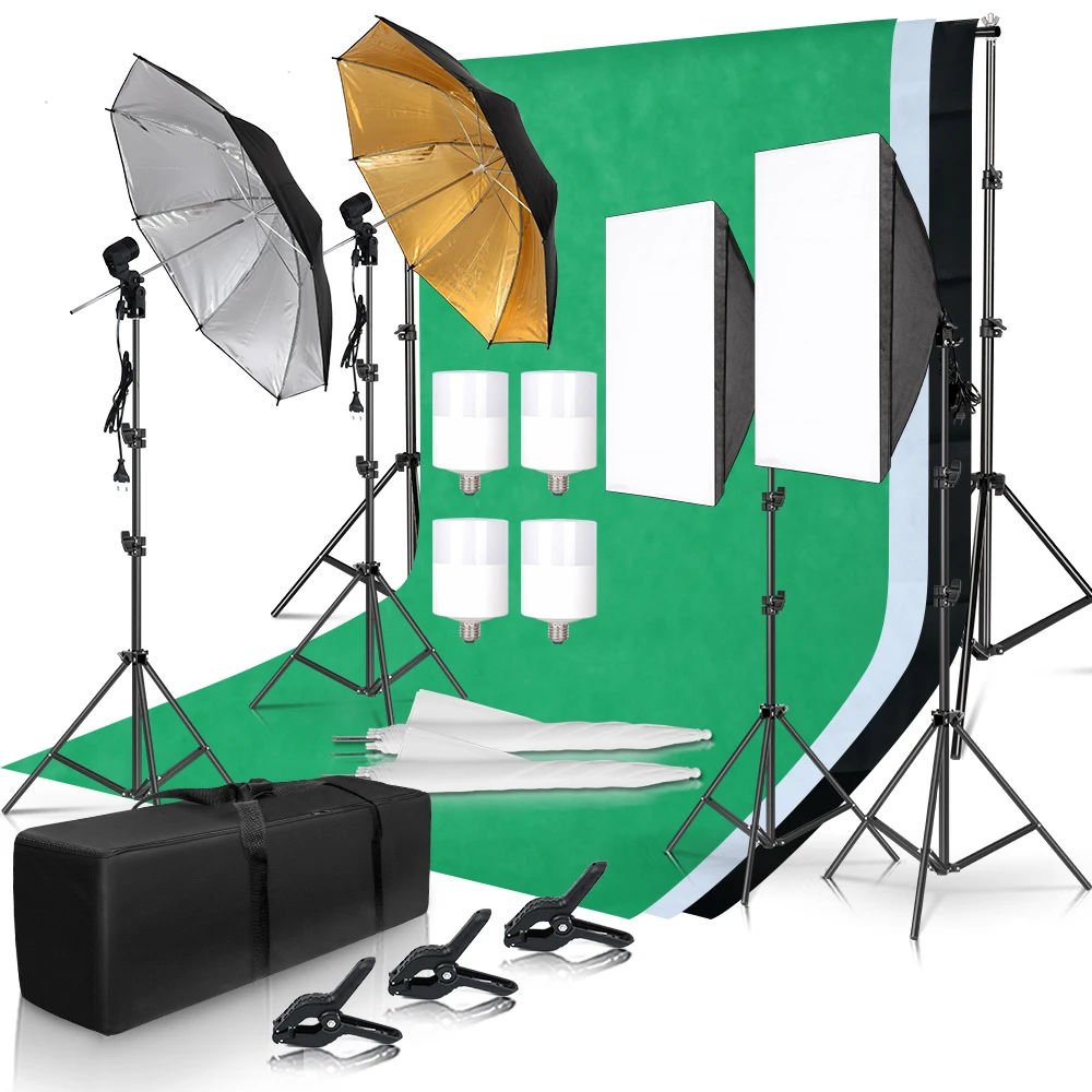 

Photography Lighting Kit 2x3M Photo Background Backdrops Soft Umbrella Softbox Light Stand Portable Bag For Photo Studio Shoot