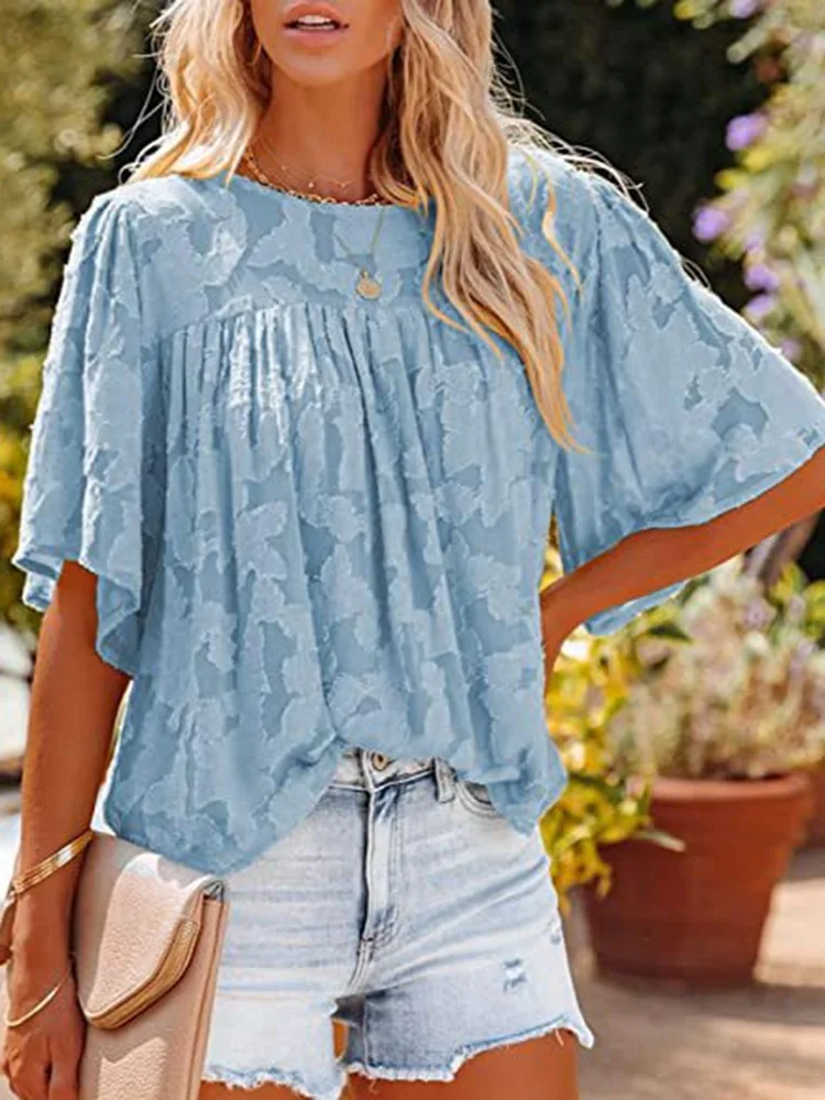 

Chiffon Blouse Women New Summer Hollow Out Loose Shirt Tops Casual Short Sleeve Floral Printed Crew Neck Ruched Blouse Tops 2022