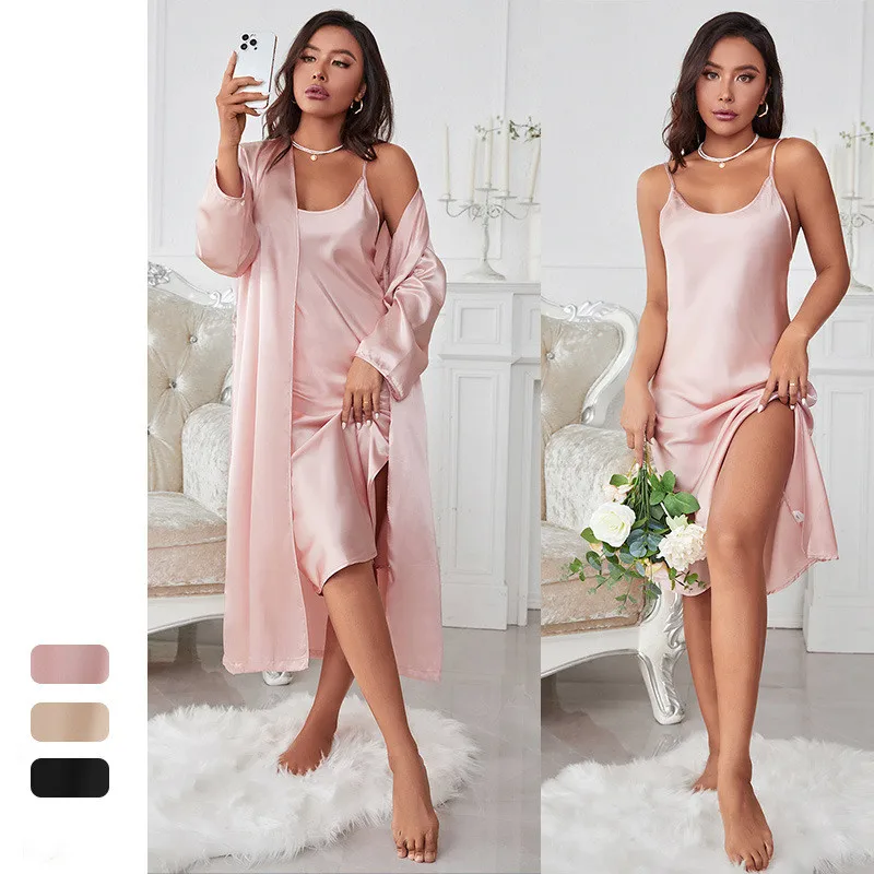 

Пикантный однотонный атласный кардиган, халат, ночная рубашка с высоким разрезом, 2 шт., одежда для сна, Повседневная Домашняя одежда, ночная рубашка, кимоно, банная сорочка