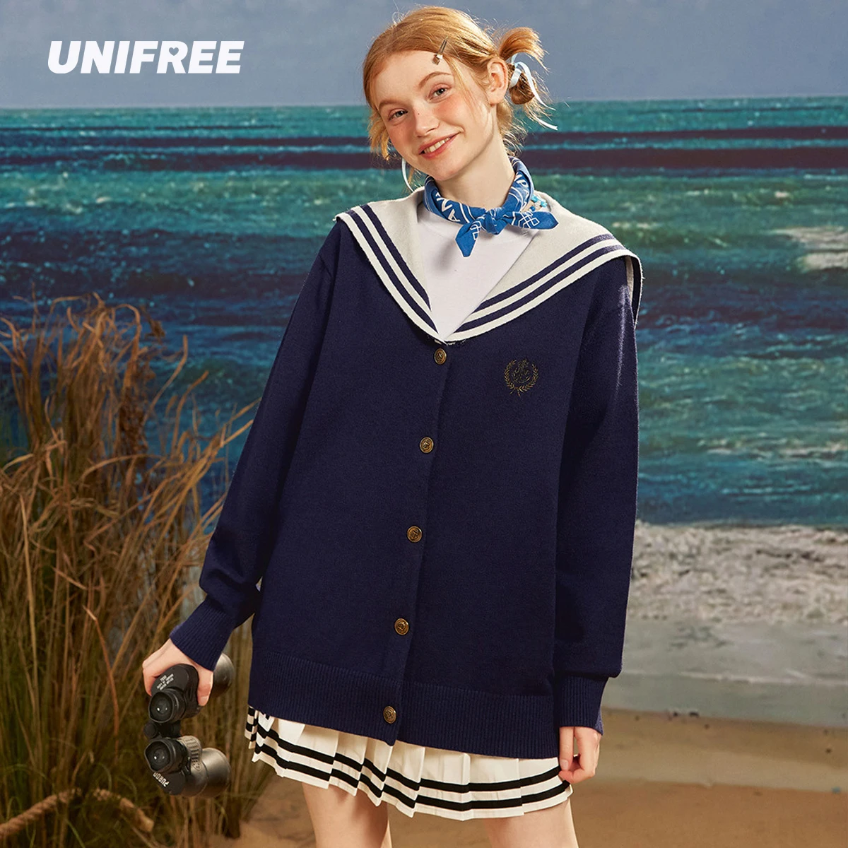 

UNIFREE Sailor Collar V Neck Cardigan for Women Vintage Stripes Streetwear Loose Fashion Woman Cardigan Tops Coat