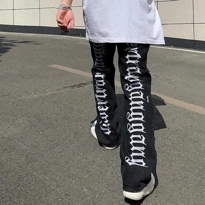 Men's Y2K Clothes High Street Streetwear Letters Embroidery Casual Baggy Jeans Men Straight Ripped Trousers Denim Wide Leg Pants