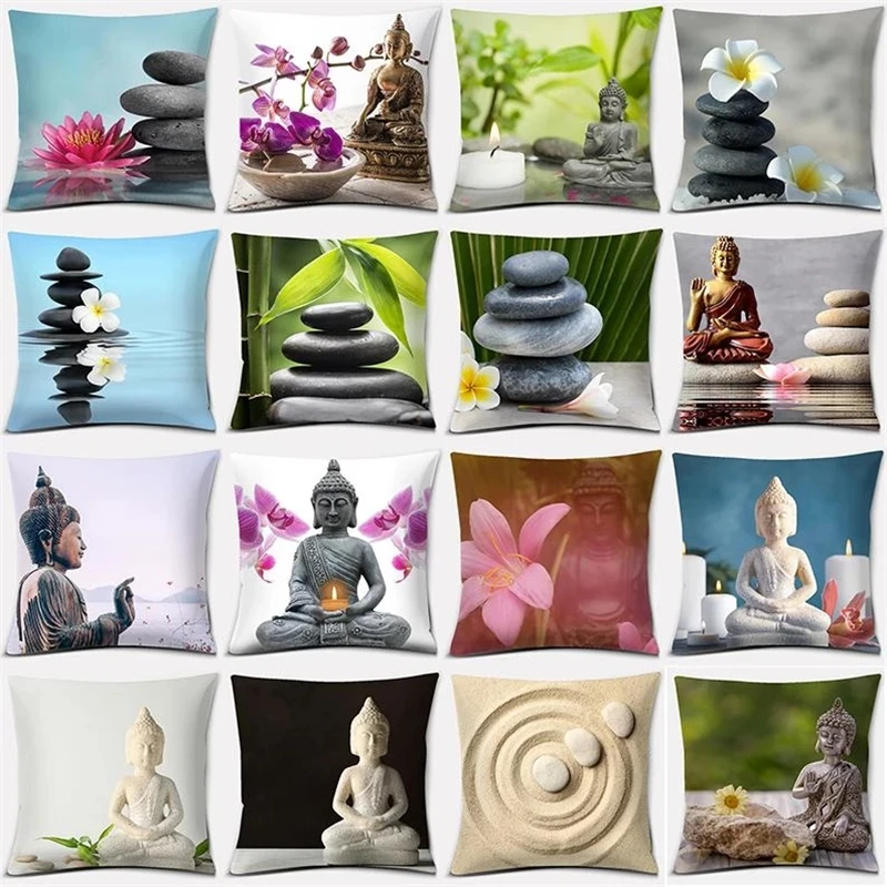 

2022 Buddha Zen Stone Flower Series Pillow Gift Home Office Decoration Zen Pillow Bedroom Sofa Car Cushion Cover 45x45CM