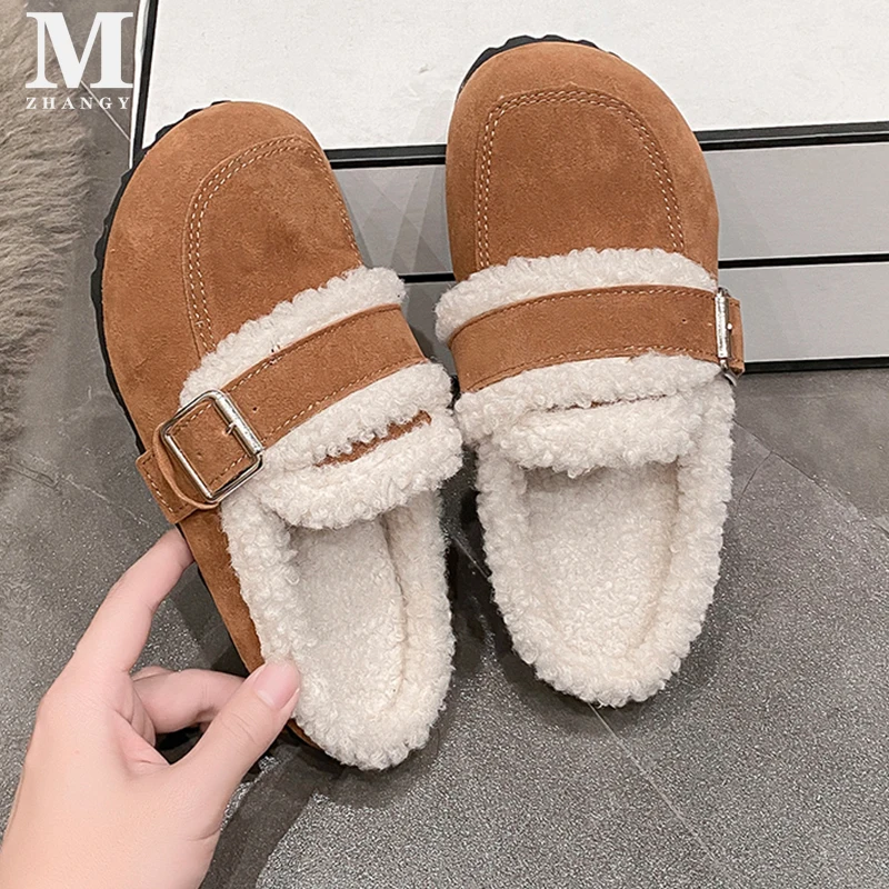 Женские хлопковые тапочки на меху замшевые туфли-лодочки плоской подошве модные