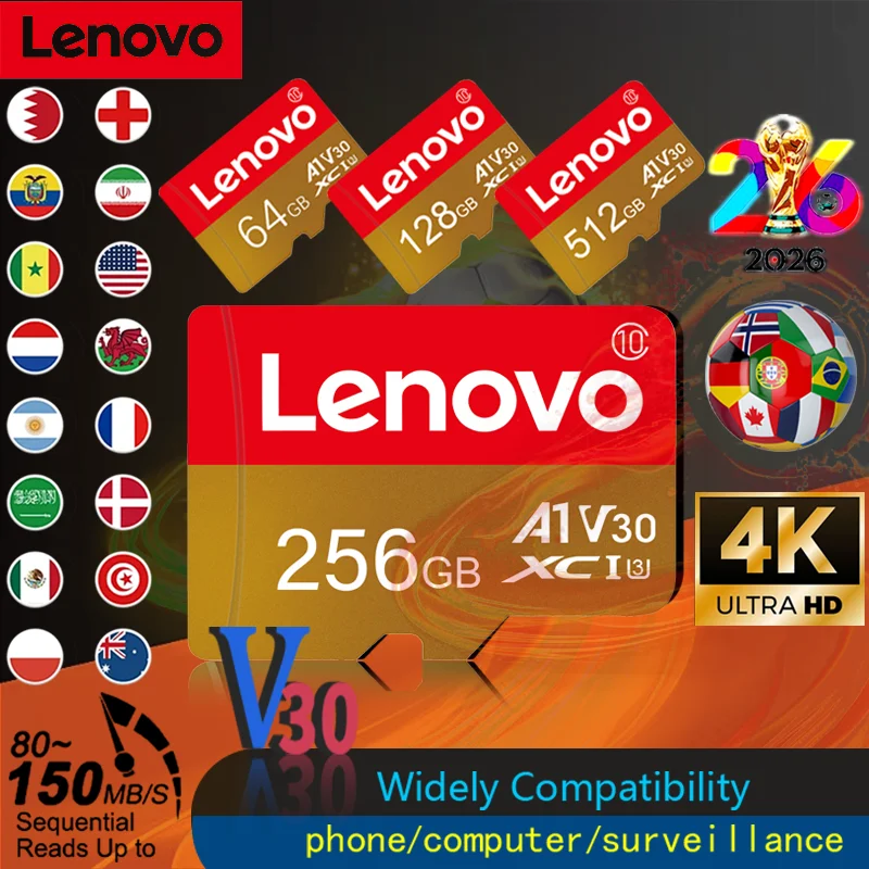 Фото Высокоскоростные карты памяти Micro SD V30 Lenovo SD/TF 512 ГБ, 256 ГБ, 128 ГБ, 64 ГБ для камер и телефонов Xiaomi №1