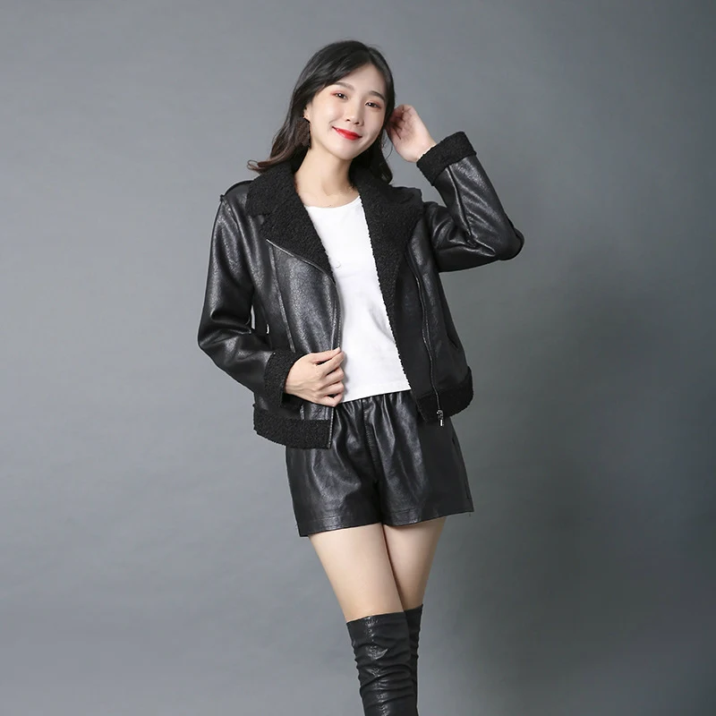

Autumn Winter Pu Leather Faux Fur Collar Girls Coat Korean Long Sleeve Short Black Faux Leather Jacket Women Plus Size 4xl 5xl