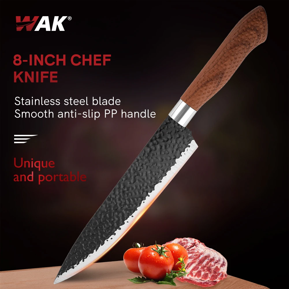 

WAK 8'' Stainless Steel Blade High Quality Kitchen Chief Knife Hammered Black Blade with Anti-slip PP Handle Kitchen Accessories
