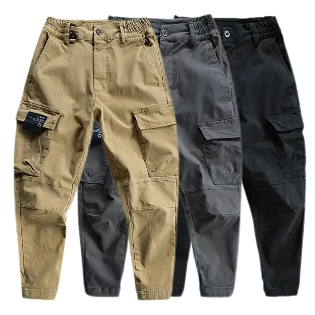 

Elastic Waist Breathable Soft Fabric Solid Color Multi Pockets Men Fitness Pants Cargo Pants for Mountain Climbing