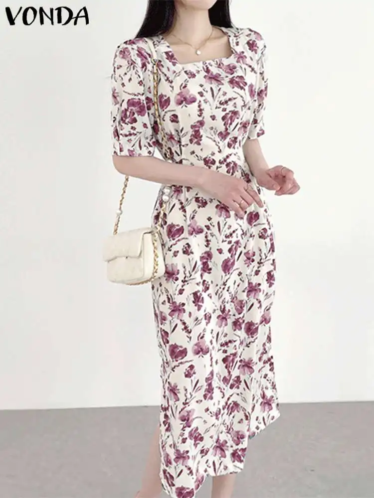 

Богемный сарафан VONDA, женское летнее элегантное платье средней длины с коротким рукавом и принтом, 2023 сексуальное пляжное платье с квадратным вырезом