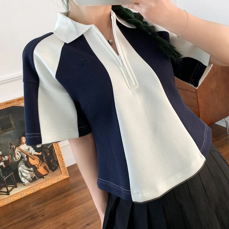 

2023 Summer New Casual Half Zipper Ladies Waist Lapel T-shirt