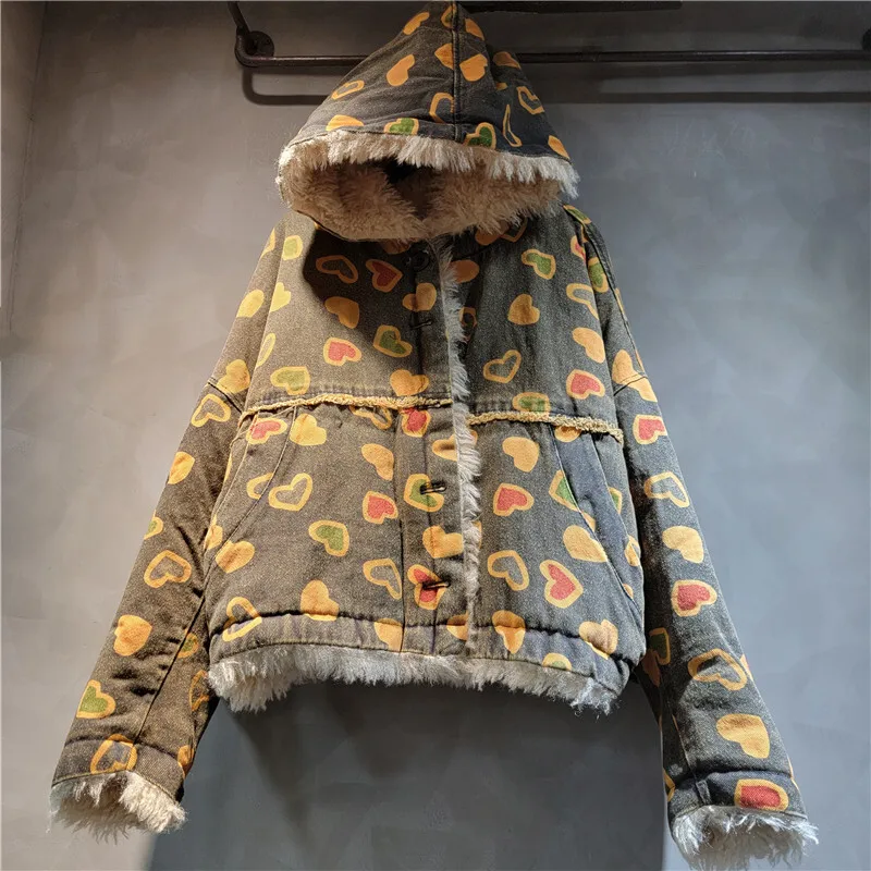 WTHT винтажное модное женское теплое пальто с плюшевым принтом и капюшоном 2024
