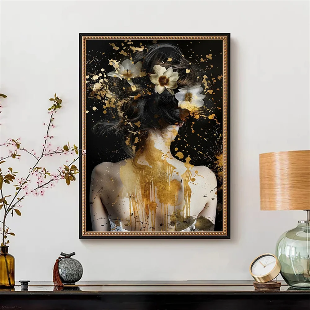 Черное золото цветочные женские постеры и принты женский портрет холст картина