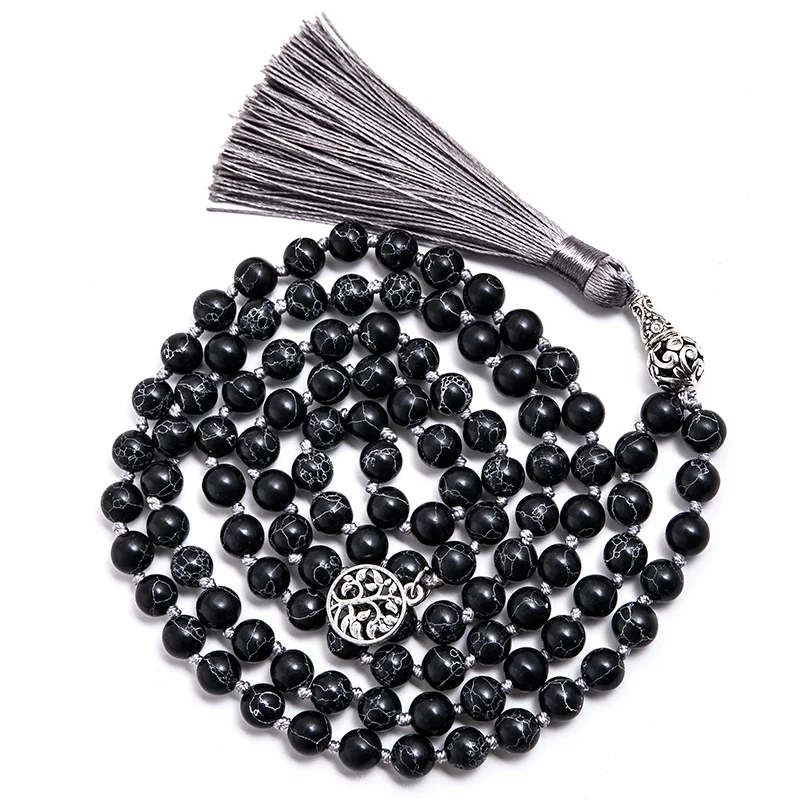 

8mm Black Howlite Beaded Knotted 108 Mala Necklace Meditation Yoga Prayer Rosary Japamala Tassel Jewelry For Men And Women