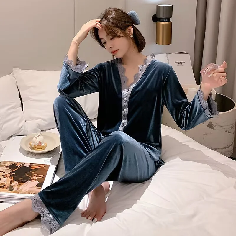 Velvet Sexy Lace Pajamas Set Full Sleepwear For Women Soft Autumn Pyjama Women's Fashion Comfortable White Homewear Plus Szie