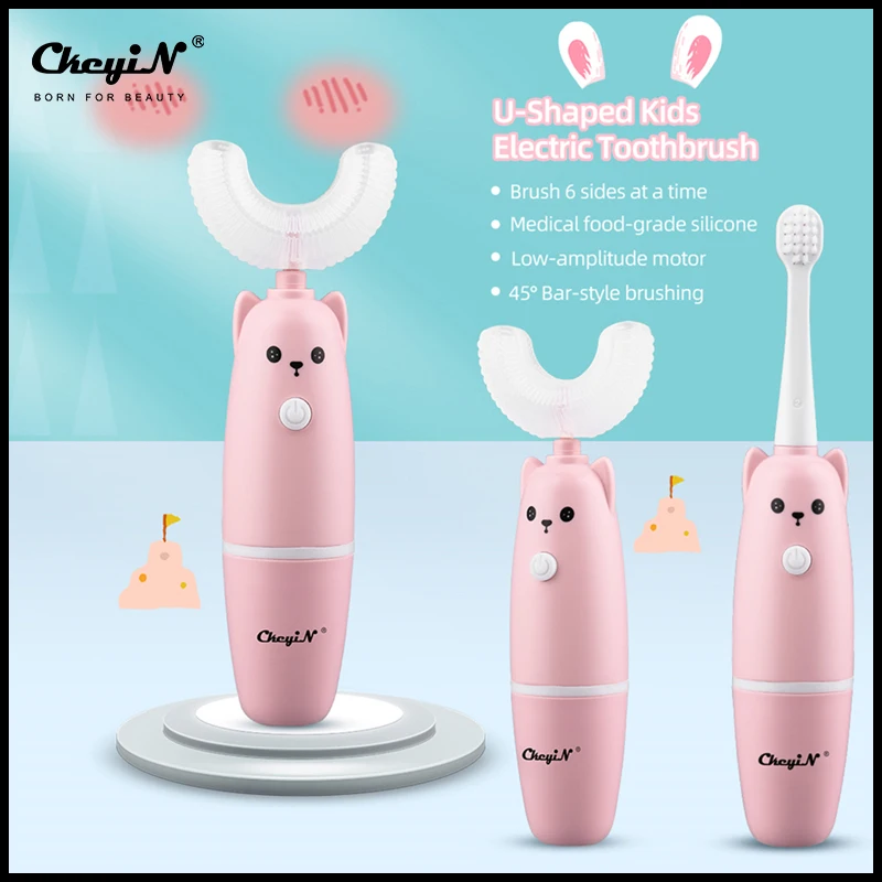 

CkeyiN Battery Powered Kids U Shape Vibration Silicone Electric Tooth Brush Waterproof Children Teeth Brush+4 Replaceable Heads