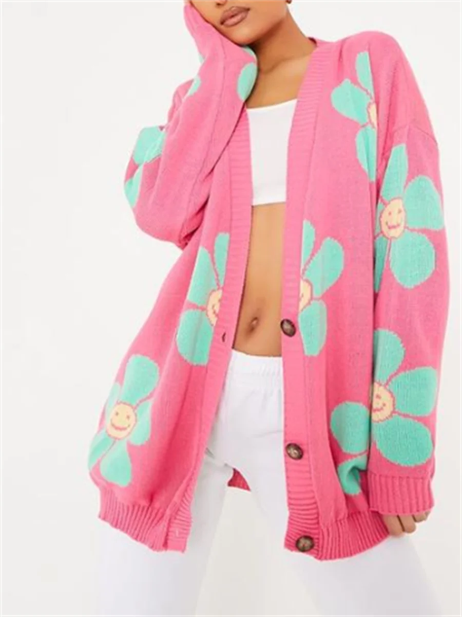 Женский вязаный кардиган на пуговицах повседневный свободный свитер с V-образным