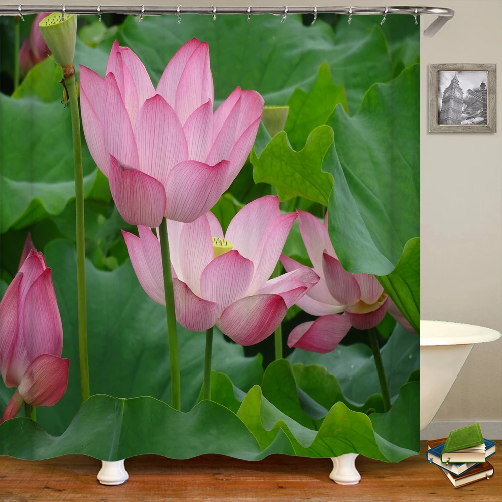 

3D Lotus Shower Curtain Elegant Green Pink Floral Chinese Painting Watercolor Flower Leaves Waterproof with Hooks Bath Curtains