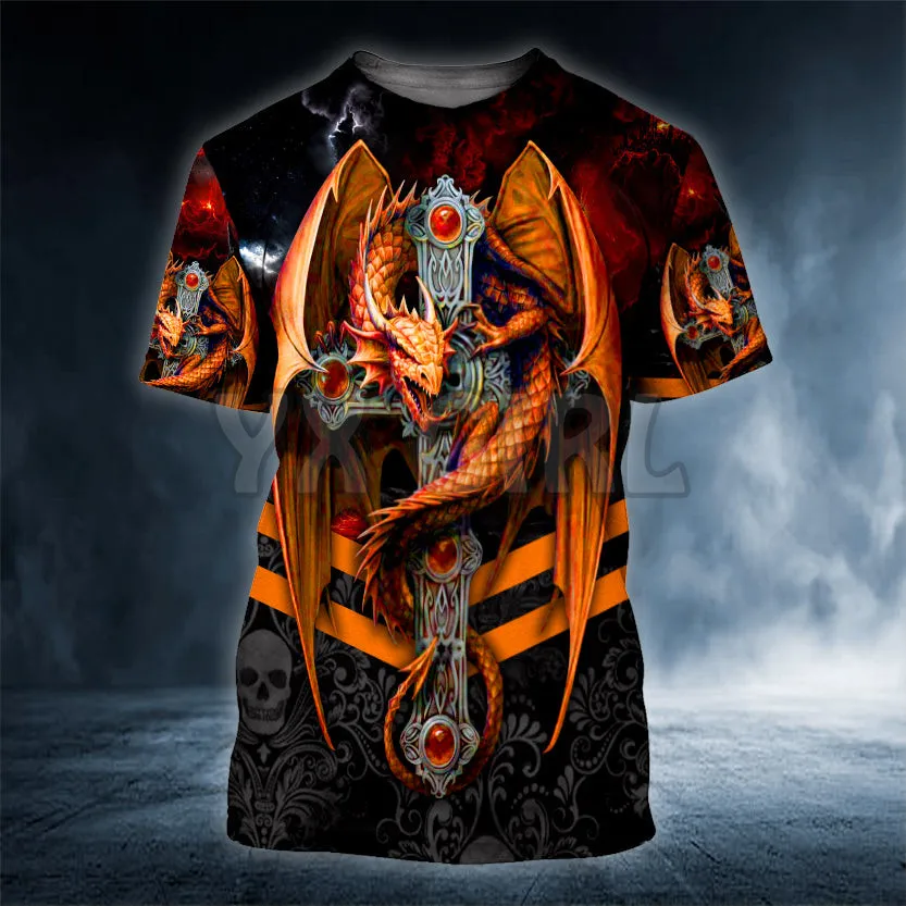 

2022 Summer Fire Winged Dragon On Cross Skull 3D All Over Printed T Shirts Tee Tops shirts Unisex Tshirt halloween gift