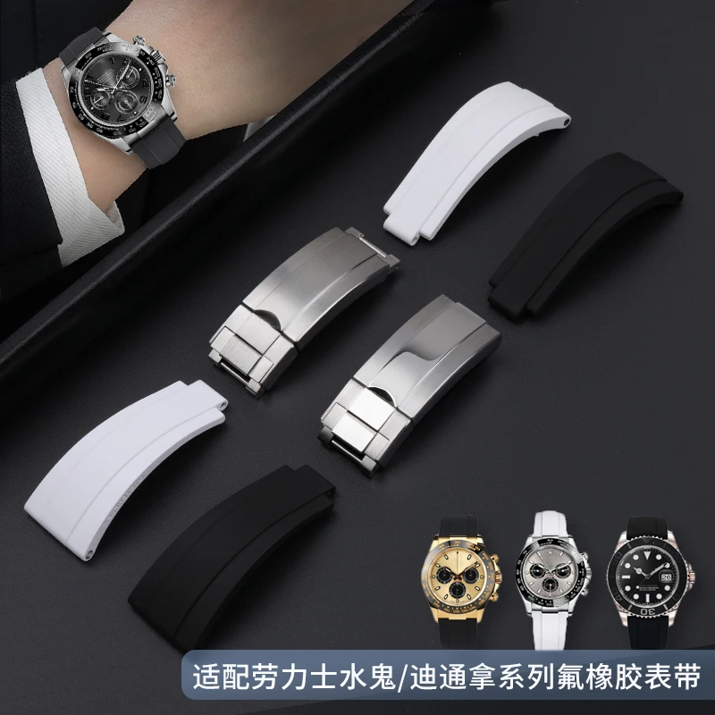 Фото Встроенный ремешок из фторкаучука из стального листа для Rolex Panda Daytona Water Ghost Yacht Mingshi Diary 20 мм резиновый ремешок для часов FKM №5