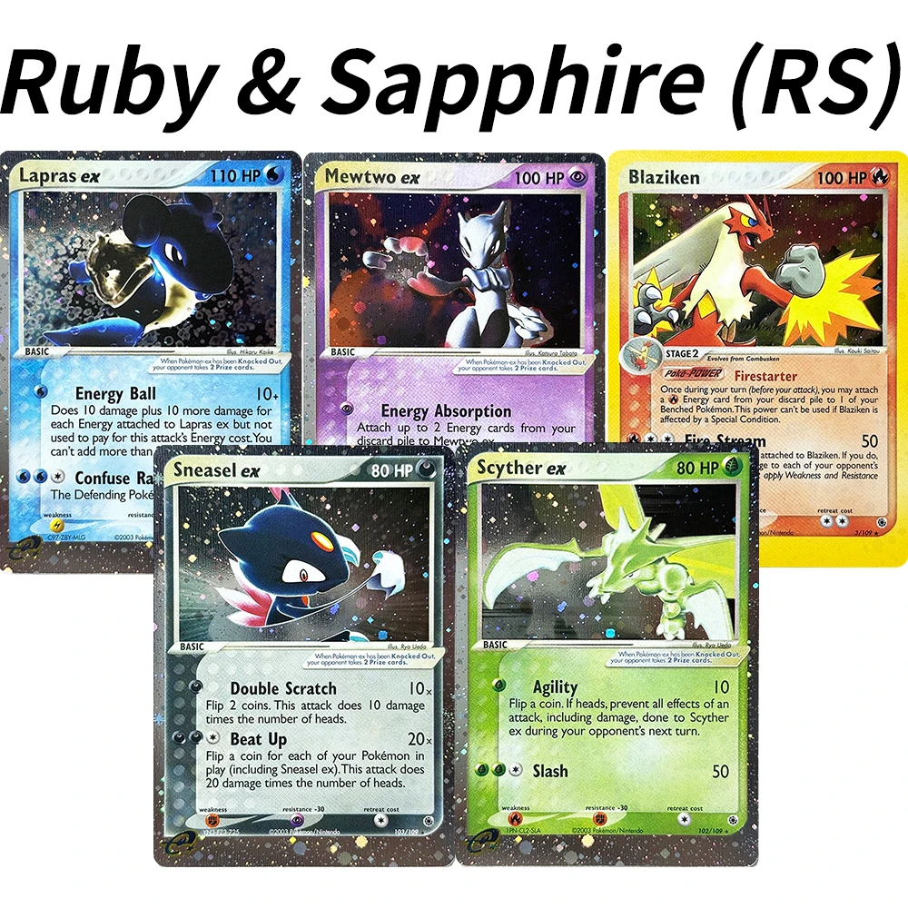 Фото Коллекционные карты PTCG Ruby & Sapphire Series PKM: Редкие фольгированные карты Blaziken (прокси-карты) # 3 Лапрас экз. # 99 Мьюту ex # 101 Scyther ex # 102 Снейсел ex # 103 №1