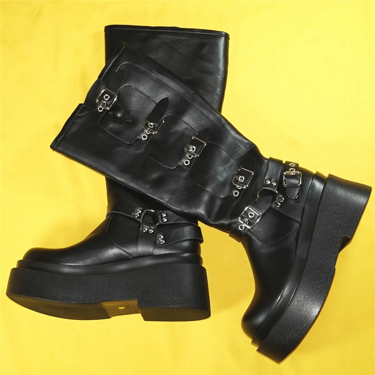 Black Chunky Platform Pumps Shoes Women Pull On Wedges High Heel Knee High Boots Female Round Toe Fashion Sneakers Casual Shoes