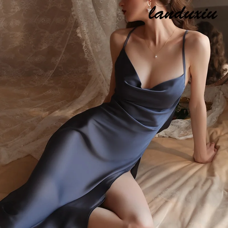 

Brand 2022 Spring/Summer Solid Color Long Sling Nightdress Split Open Backless Casual Sling Dress Home Suit landuxiu