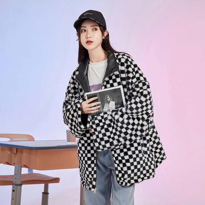 

Winter Contton Padded Jacket Women 2022 New Checkerboard Lamb Wool Double-sided Wear Korean Fashion Zipper Coat Casual Parka