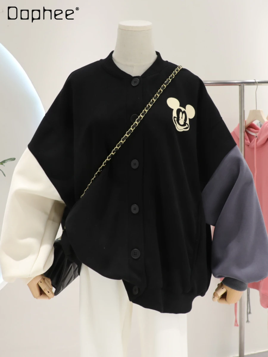 

Baseball Jacket Women's Stand Collar Color Contrast Patchwork Button Cardigan Cotton Oversize Cartoon Printed Jacket Female Top