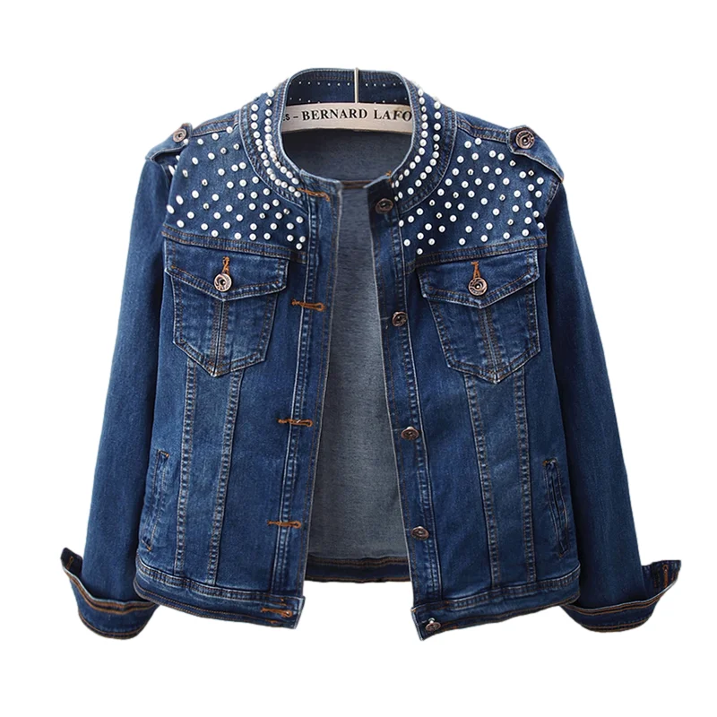 

Vintage Dark Blue Beading Denim Jacket Women Elasticity Slim Short Cowboy Outerwear Big Pocket Stand Collar Jeans Jackets Female