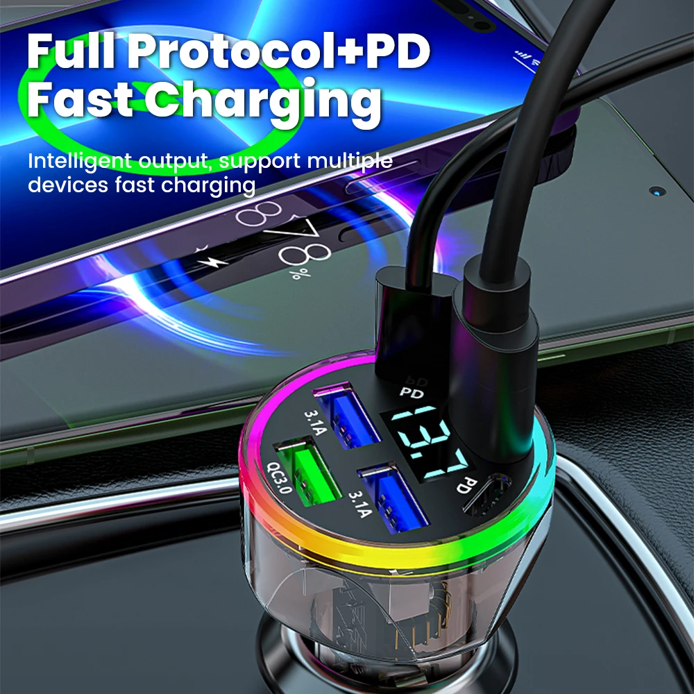 6-портовое автомобильное USB-зарядное устройство типа C PD QC 3.0 сверхбыстрая зарядка