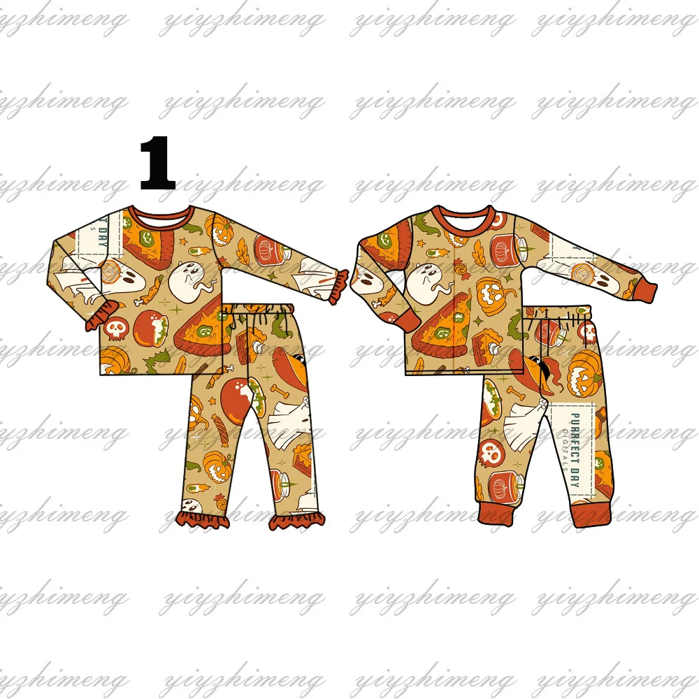 

New design Halloween style girls boys silk fabric pajamas set brothers and sisters set long sleeve pants 2 pieces