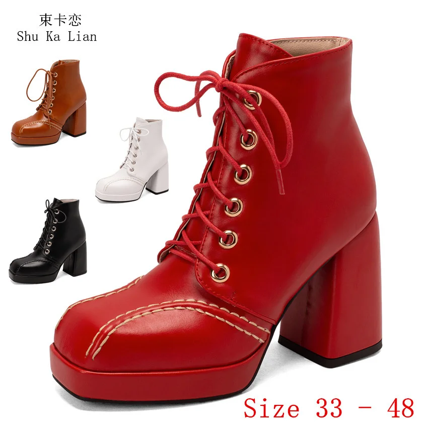 

Spring Autumn High Heels Women Square Toe Ankle Boots Platform Woman Short Boots Shoes Small Plus Size 33 - 48