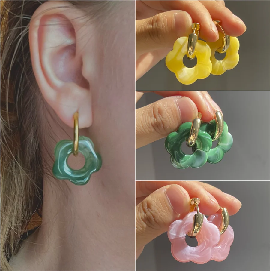 

2022 New cute Colorful Acrylic Flower Resin Drop Earrings Gold Color Circle Hollow For Women Girls punk Jewelry Minimalist Gifts