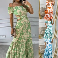 vintage printed hollow out lace up dress with large hem women 2022 summer womens short sleeve slim fit high waist long dress