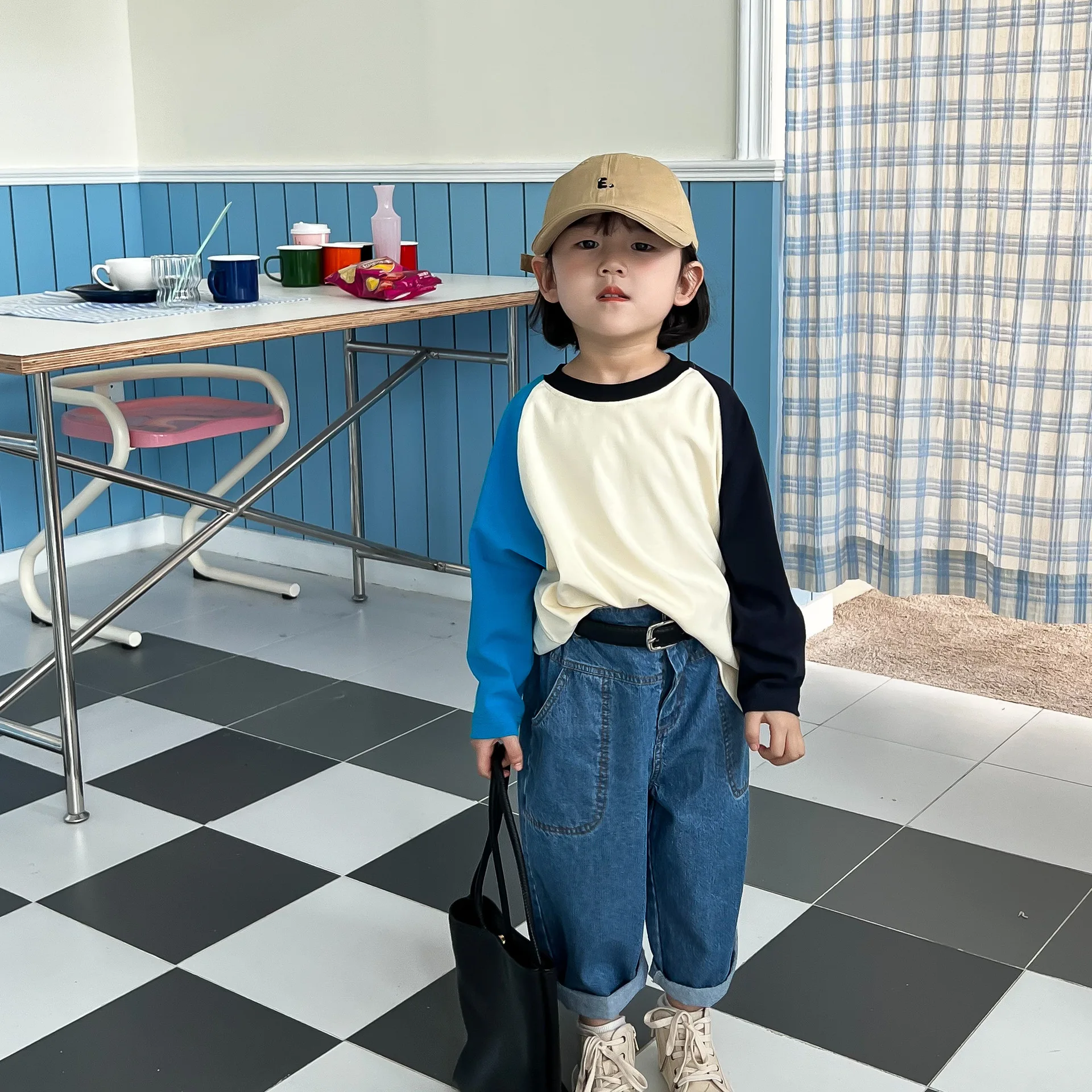 

Children's Long Sleeve Shirt 2023 Spring New Boys' Korean Color Matching Top Children's Sleeve Matching T-shirt