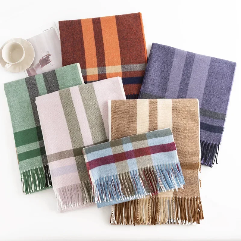 Новый зимний женский шарф с клетчатым принтом и кисточками имитация кашемира