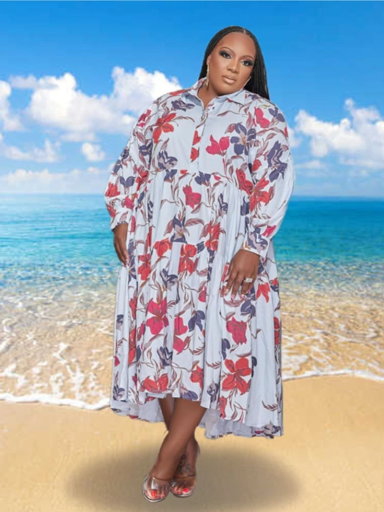 Plus Size Women Shirt Dress 2023 Summer Printed Long Sleeve Casual Loose Blouse Maxi Dresses Vestidos Elegant Beach Party Robes