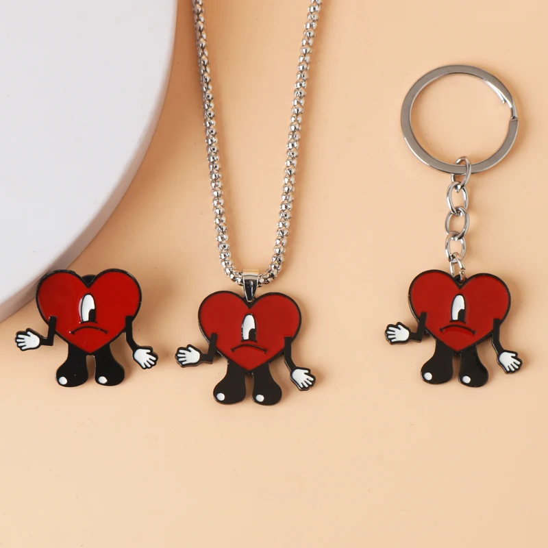 

New In Bad Bunny Necklaces for Women Men Cartoon Red Heart Lover Pendant Necklace Metal Bad Rabbit Pendant Keychain Jewelry Gift