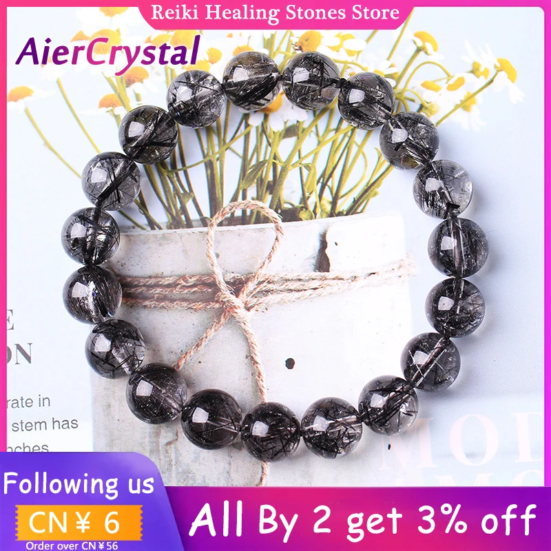 

Natural Black Rutilated Tourmaline Bead Bracelet 10-14mm Beads Crystal Bracelets Adornment Men Women Jewelry Bangles Decoration