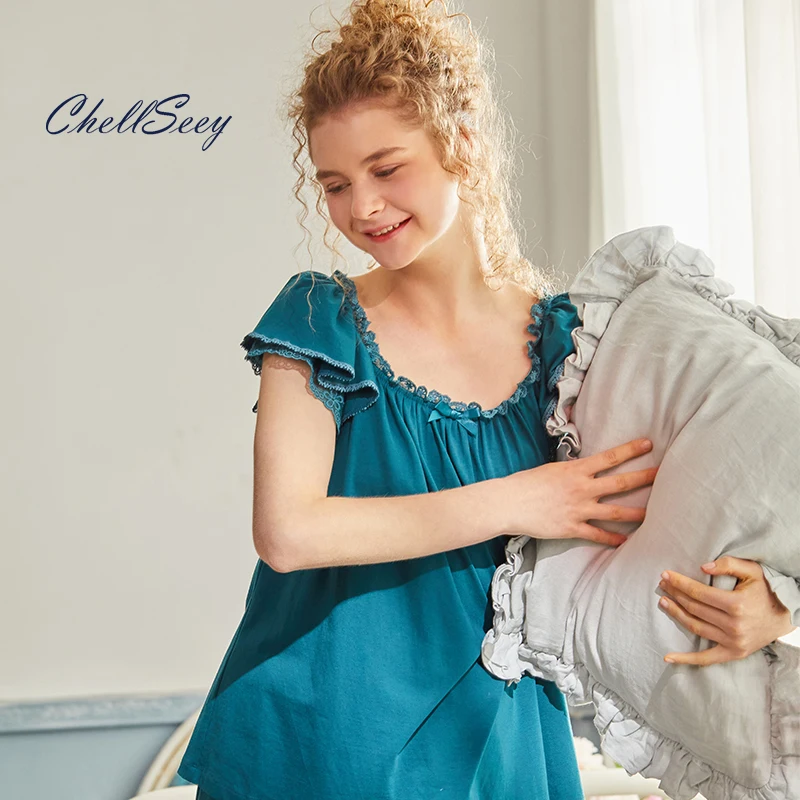 

Chellseey Summer Solid Color Cotton French Pajamas 2-Piece Suit Female Sweet Cute Comfortable Princess Short-Sleeved Loose Home