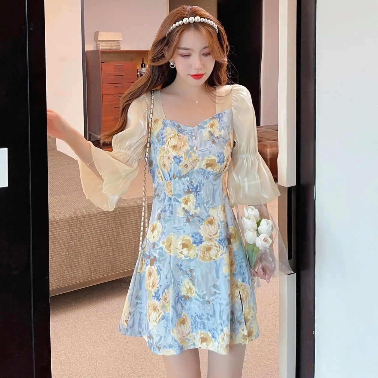 

COIGARSAM Summer Dress Women French Style Vintage Print Chiffon Flare Sleeve Brief Paragraph Long Dresses Dropshipping