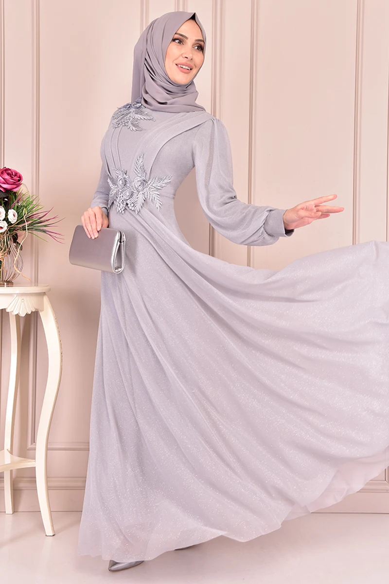 

Gupure Detail Silvery Dress Gray Occasion Dresses For Women Abaya Dress Muslim Woman Dress Saudi Arabian Abaya İslamic KBR10023