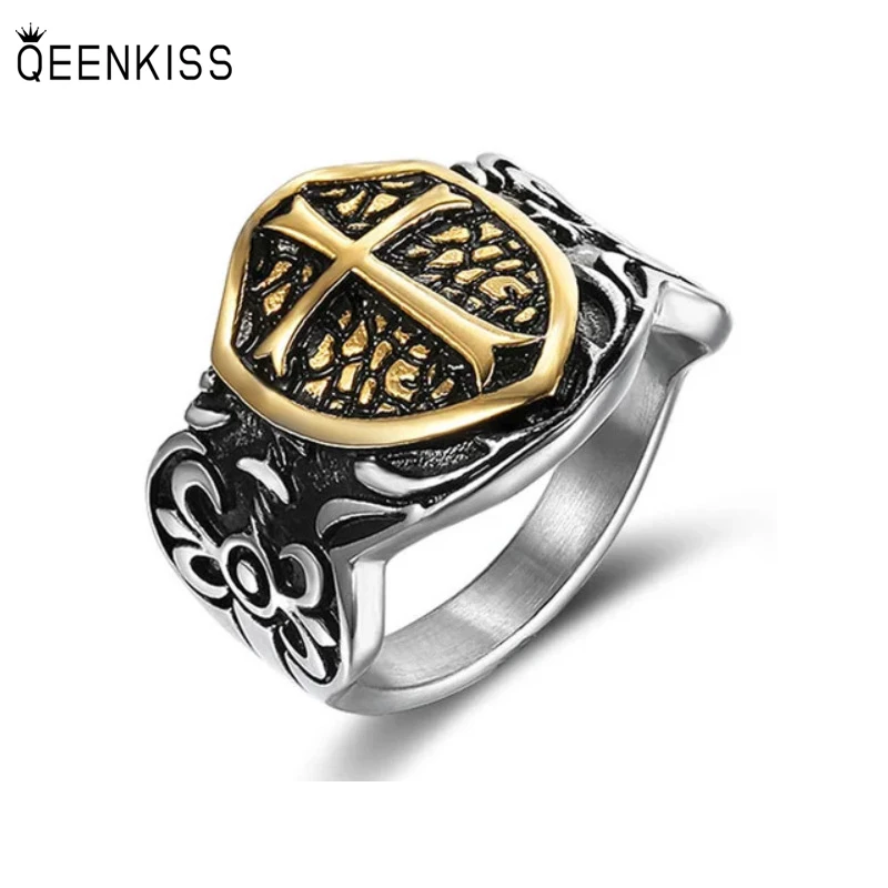 QEENKISS-anillo de acero de titanio para hombre, joyería fina RG8107, regalo de cumpleaños y boda, Escudo de Cruz de Caballero templario