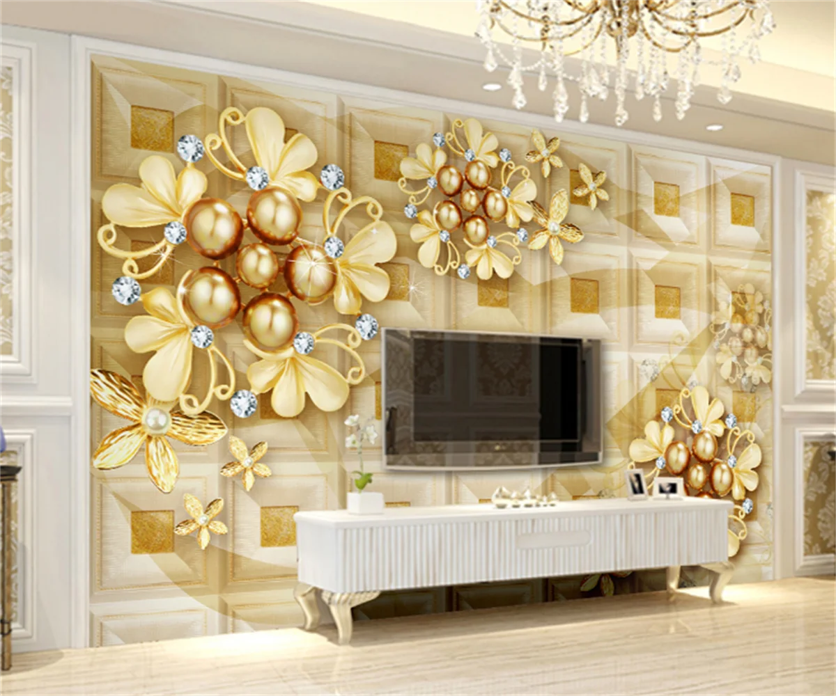 

Customize any size 3D hotel wallpaper stickers 3d European palace style golden jewelry flowers TV home decoration stickers papel