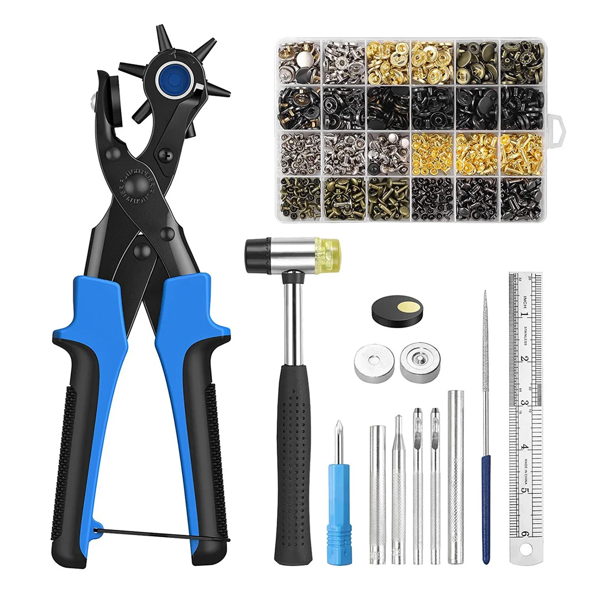 

Belt Hole Puncher for Leather, 6 Sizes Revolving Hole Punch Pliers Set with Ruler, Grinding Rod, Plastic Hammer