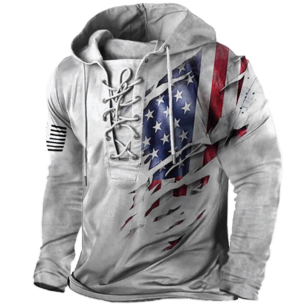 

Men's Autumn Vintage Digital Print Lace Up Hoodie Long Sleeve Sports T-Shirt