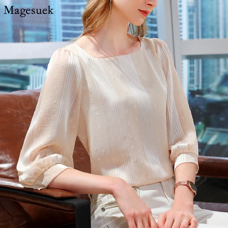 

Тонкая шифоновая рубашка, Женская свободная летняя блузка с круглым вырезом и рукавами-фонариками, элегантная повседневная рубашка, топы, б...