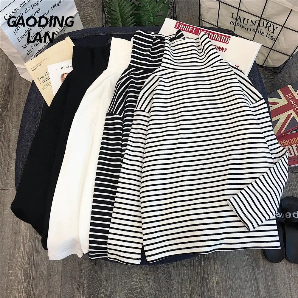 

Осенне-зимняя женская рубашка GAODINGLAN в полоску с длинным рукавом и высоким воротником, темпераментные топы, большие размеры, футболки с высо...