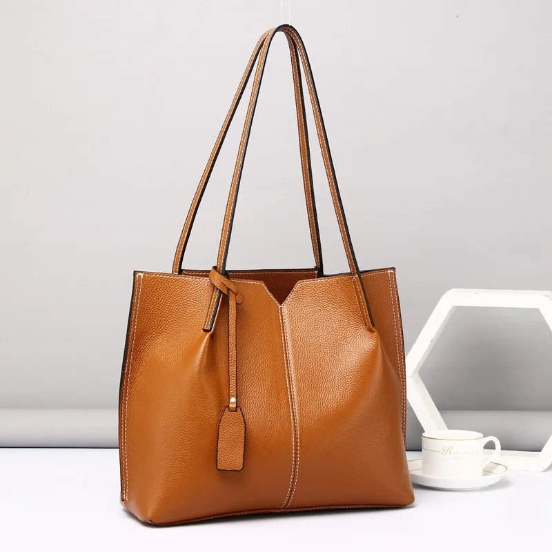 Top Layer Cowhide Genuine Leather Casual Tote Bag Soft Large Capacity Women's Shoulder Bag Ladies Handbag Leisure Business Style