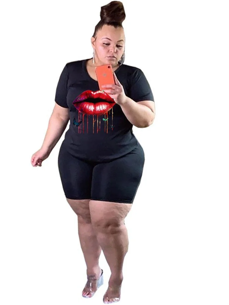 Plus Size Two Piece Sets Women New in Matching Sets Lip Print Top Shorts Tracksuit Casual Summer Whole 3xl 4xl 5xl 6xl
