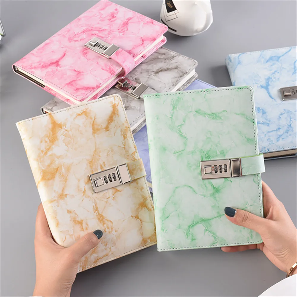 

New Password Notebook Marble Texture 100 Sheets Personal Diary With Lock Code Thick Notepad Leather Office School Supplies Gift